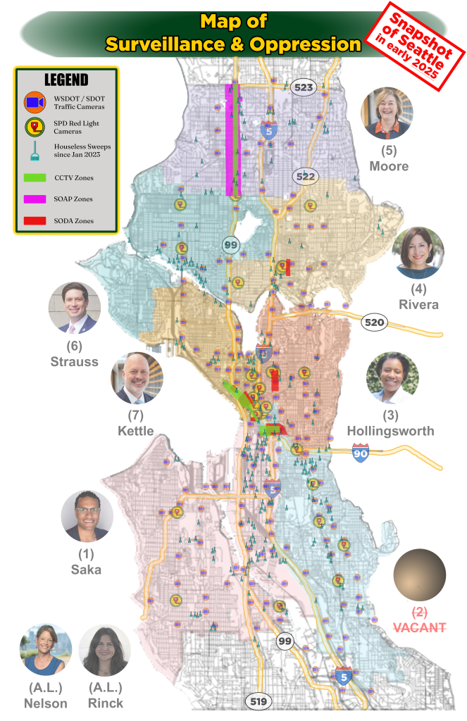 A map of Seattle from early 2025 showing the location of all the cameras operated by the police (SPD and other government agencies in relation to all of the council districts, the council members, and we sweeps of people living outdoors.