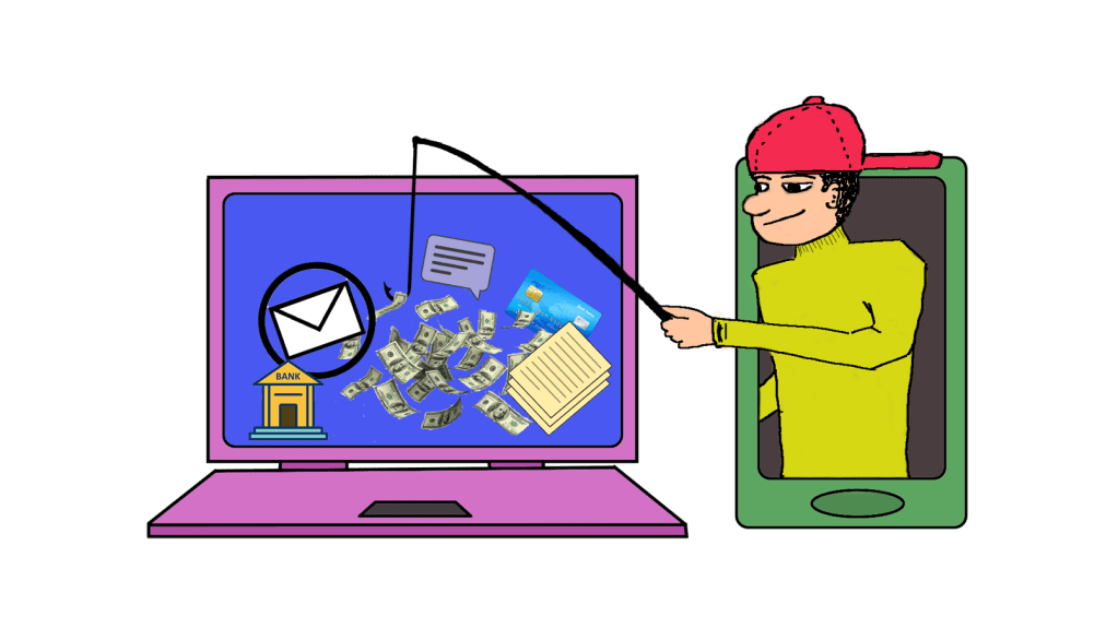 Cartoon graphic of a person wearing a green shirt and red hat, leaning out of a green cell phone with a make shift fishing pole. The line of the fishing pole is cast into the screen of a pink laptop computer trying to catch the messages, money, credit card information, and files that are graphicly represented on the screen.